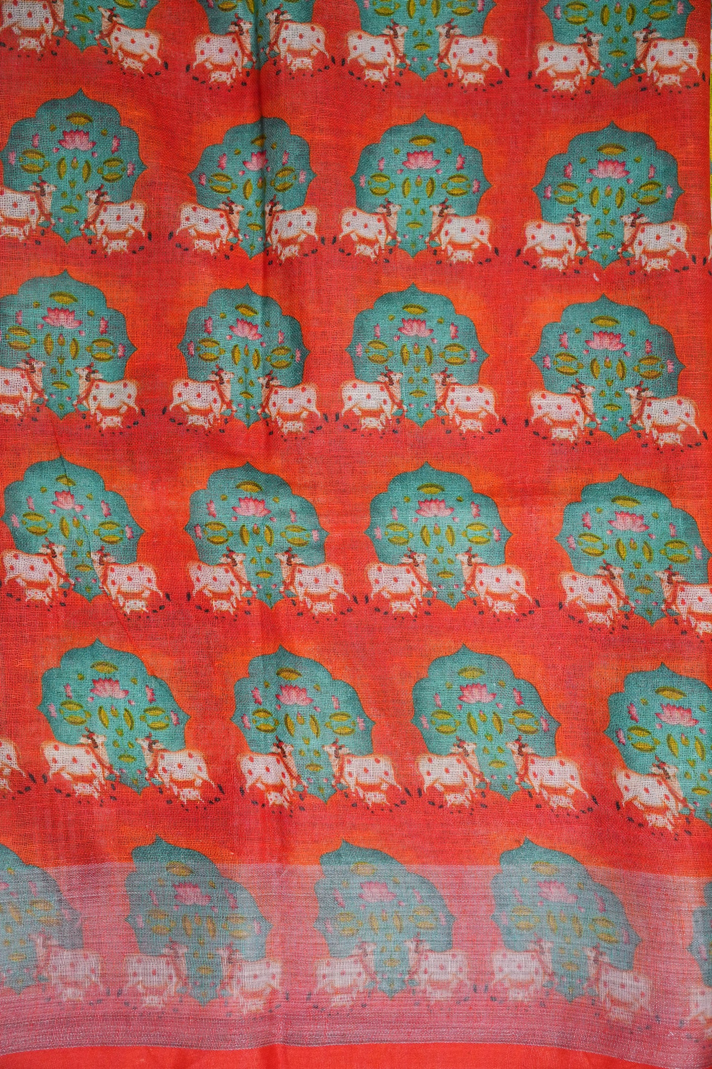 Digital Printed Pure Linen Saree - Parrot Green