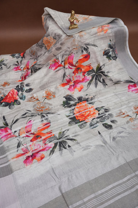 Digital Printed Pure Linen Saree - White & Grey