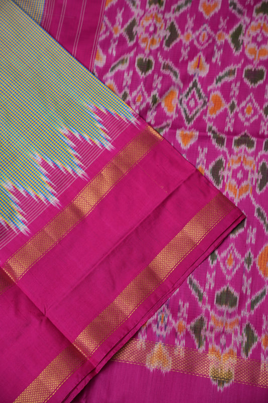 Pure Ikkat Soft Silk Saree - Pistachio Green & Pink