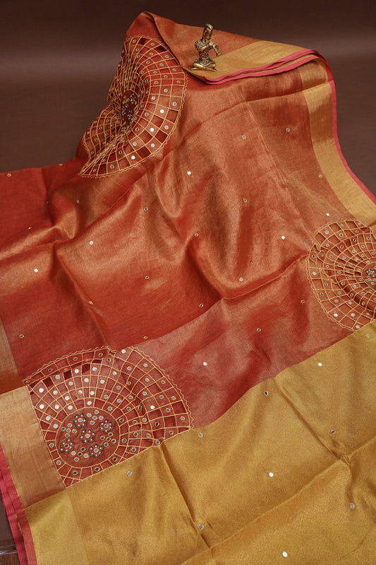 Hand Embroidered Pure Tissue Linen Silk Saree - Peach Orange