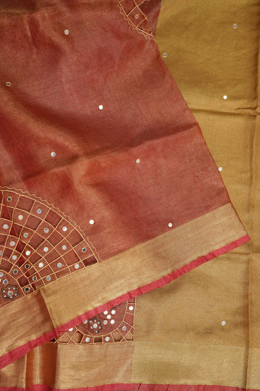 Hand Embroidered Pure Tissue Linen Silk Saree - Peach Orange