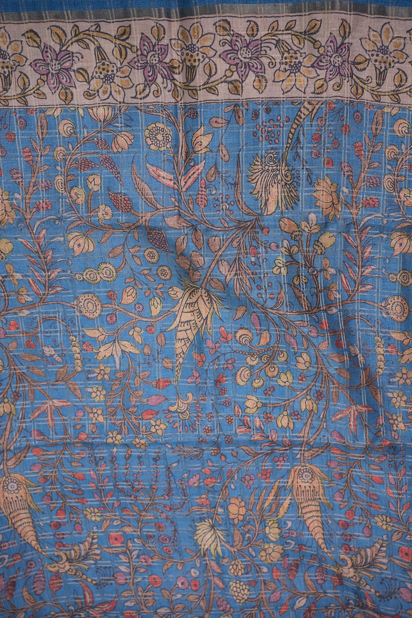 Semi Tussar Raw Silk Saree with Checkered Body & Kalamkari Pallu and Blouse – Dusty Pink