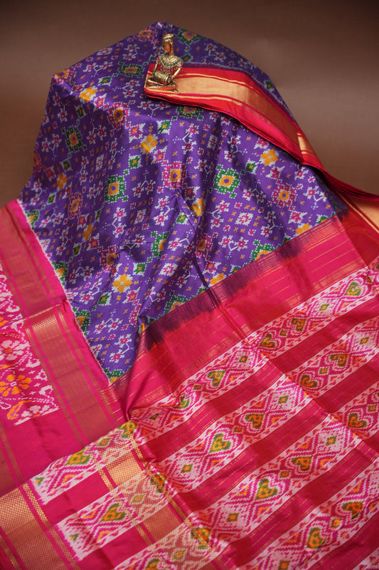 Pure Ikkat Soft Silk Saree - Pink & Deep Purple