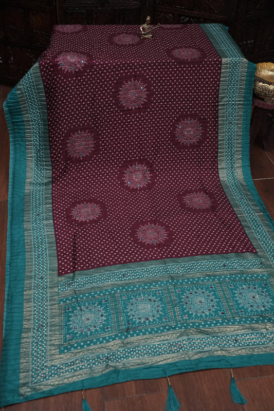 Bandhini Digital Print Semi Silk Saree - Wine and Turquoise Blue