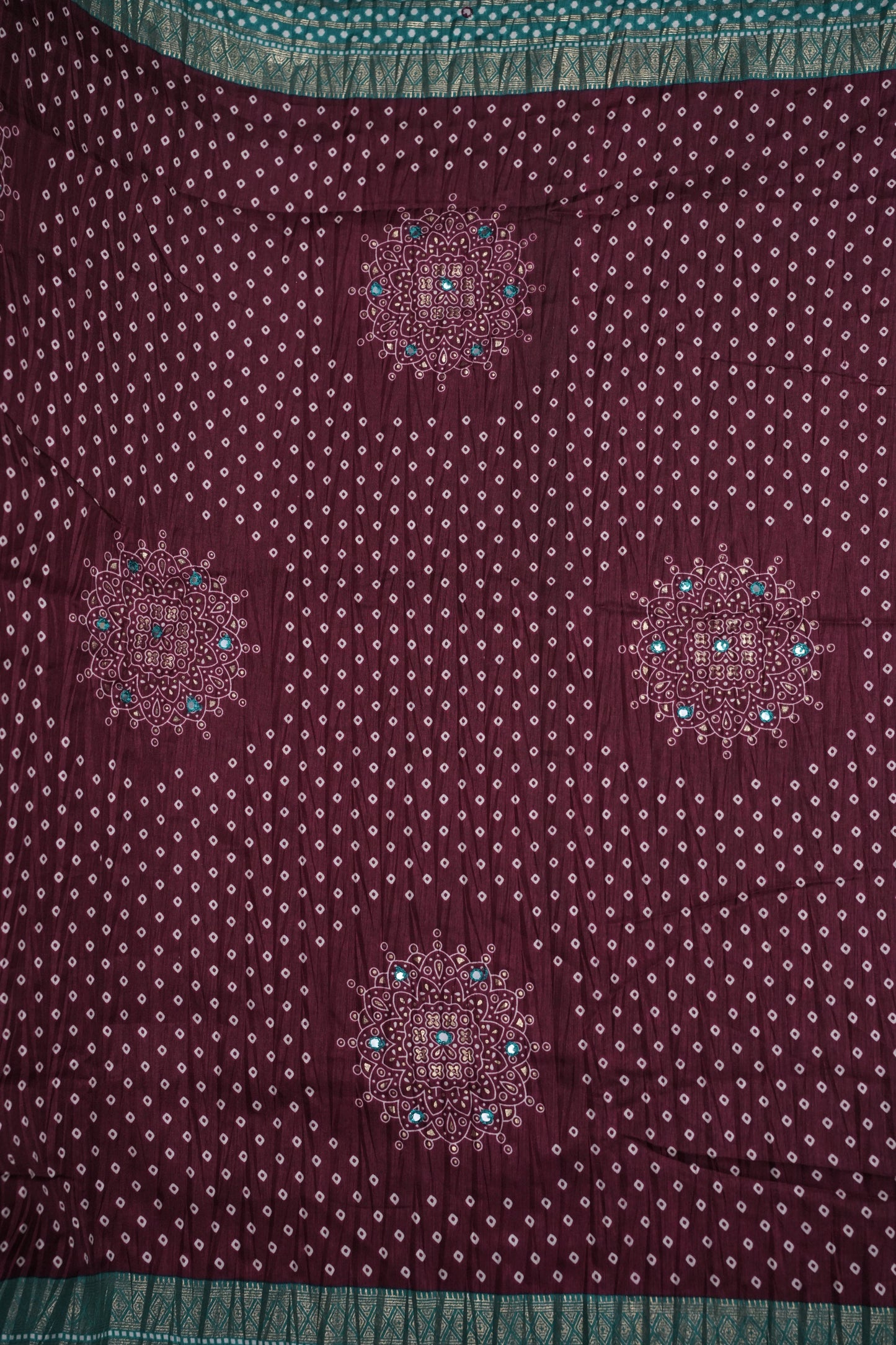 Bandhini Digital Print Semi Silk Saree - Wine and Turquoise Blue