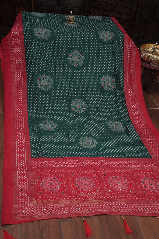 Bandhini Digital Print Semi Silk Saree - Bottle Green and Red