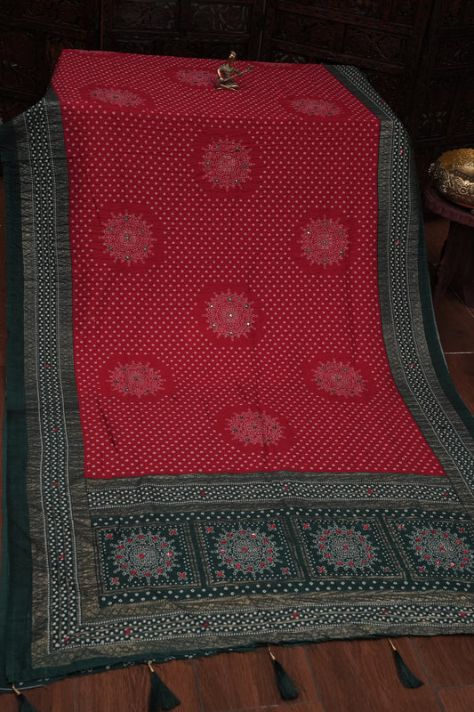 Bandhini Digital Print Semi Silk Saree - Pink and Green