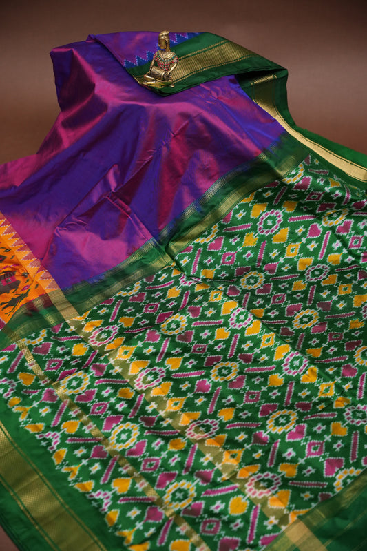 Pure Ikkat Soft Silk Saree - Bottle Green & Deep Purple