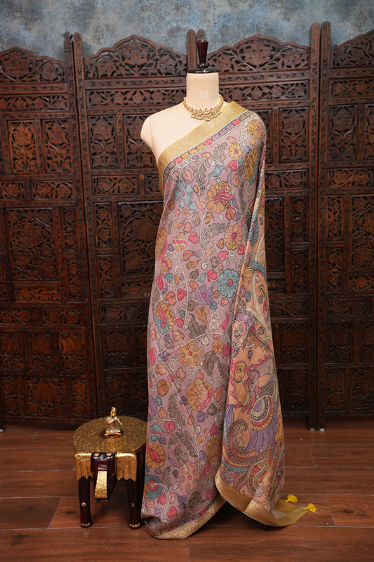 Linen Tussar Saree with Kalamkari Digital Print – Peach Floral & Peacock Theme