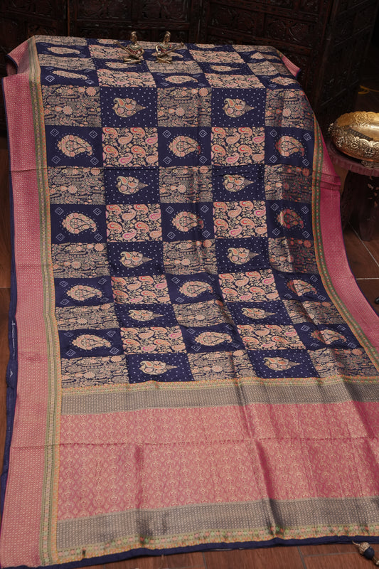 Kashmiri Pashmina Story Telling Saree - Navy Blue & Pink
