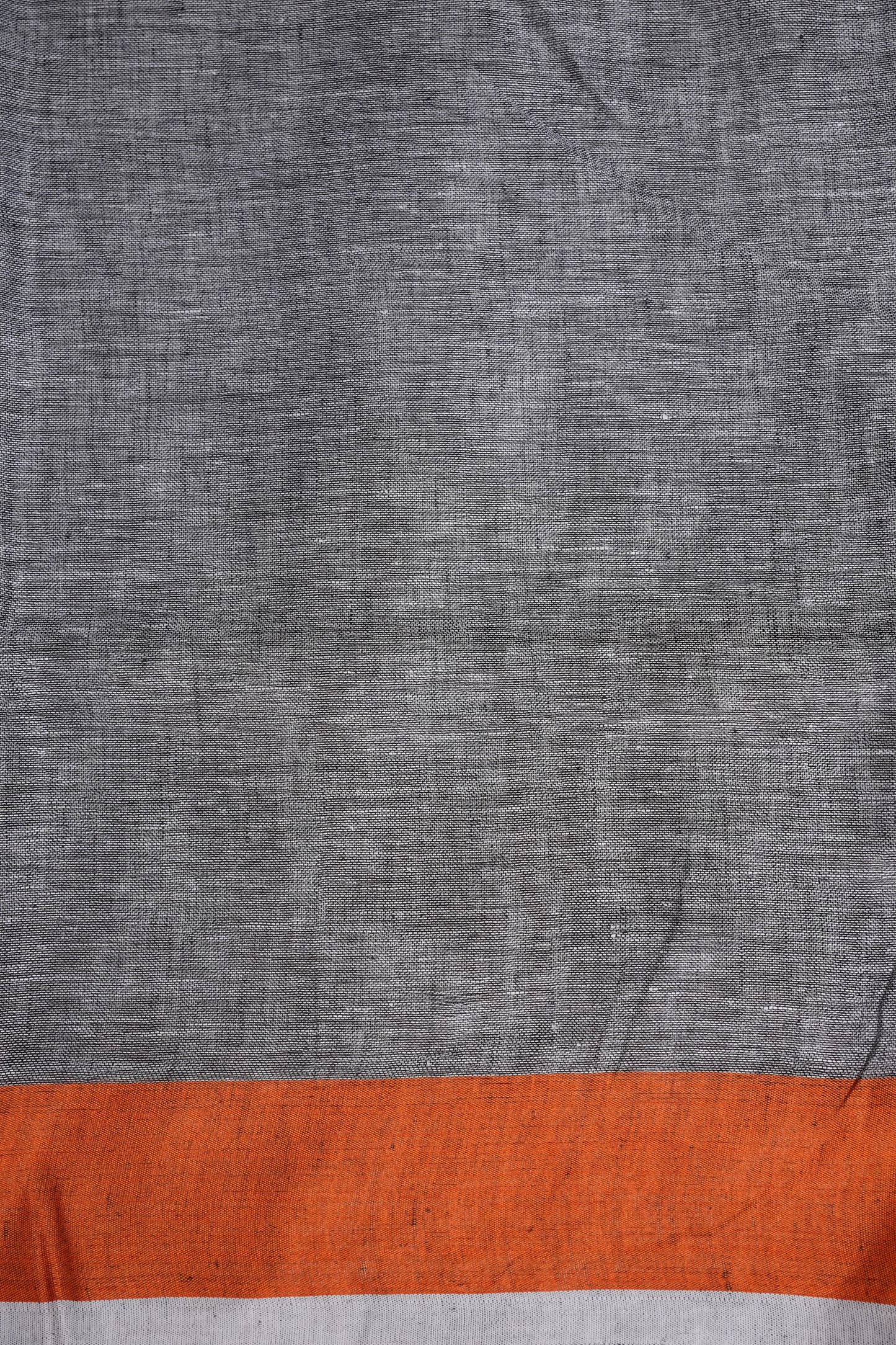 Pure Linen Silk Saree – Black & Charcoal Grey with Rust Orange Contrast Accents