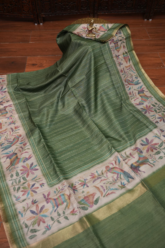 Semi Tussar Saree with Kalamkari Printed Pallu & Striped Blouse – Sage Green