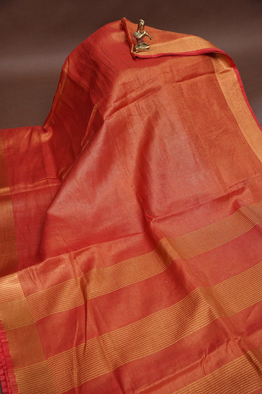 Tissue Linen Silk Saree –Orange with Classic Gold Zari Border