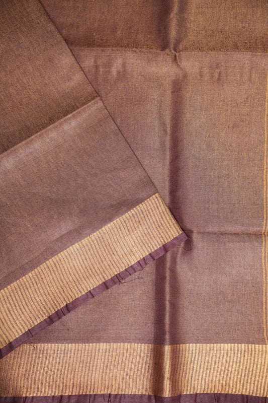 Tissue Linen Silk Saree – Deep Coffee Brown/Wine with Antique Gold Zari Border