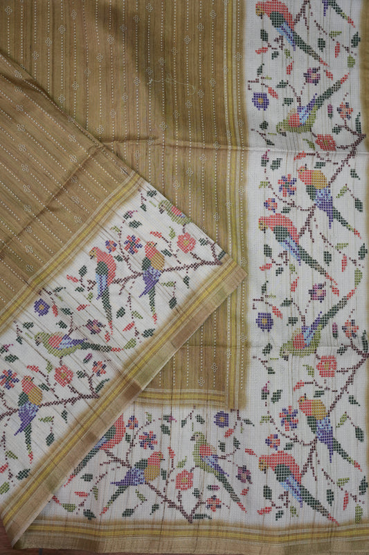 Semi Tussar Raw Saree with Bird & Floral Printed Pallu & Striped Blouse – Antique Gold