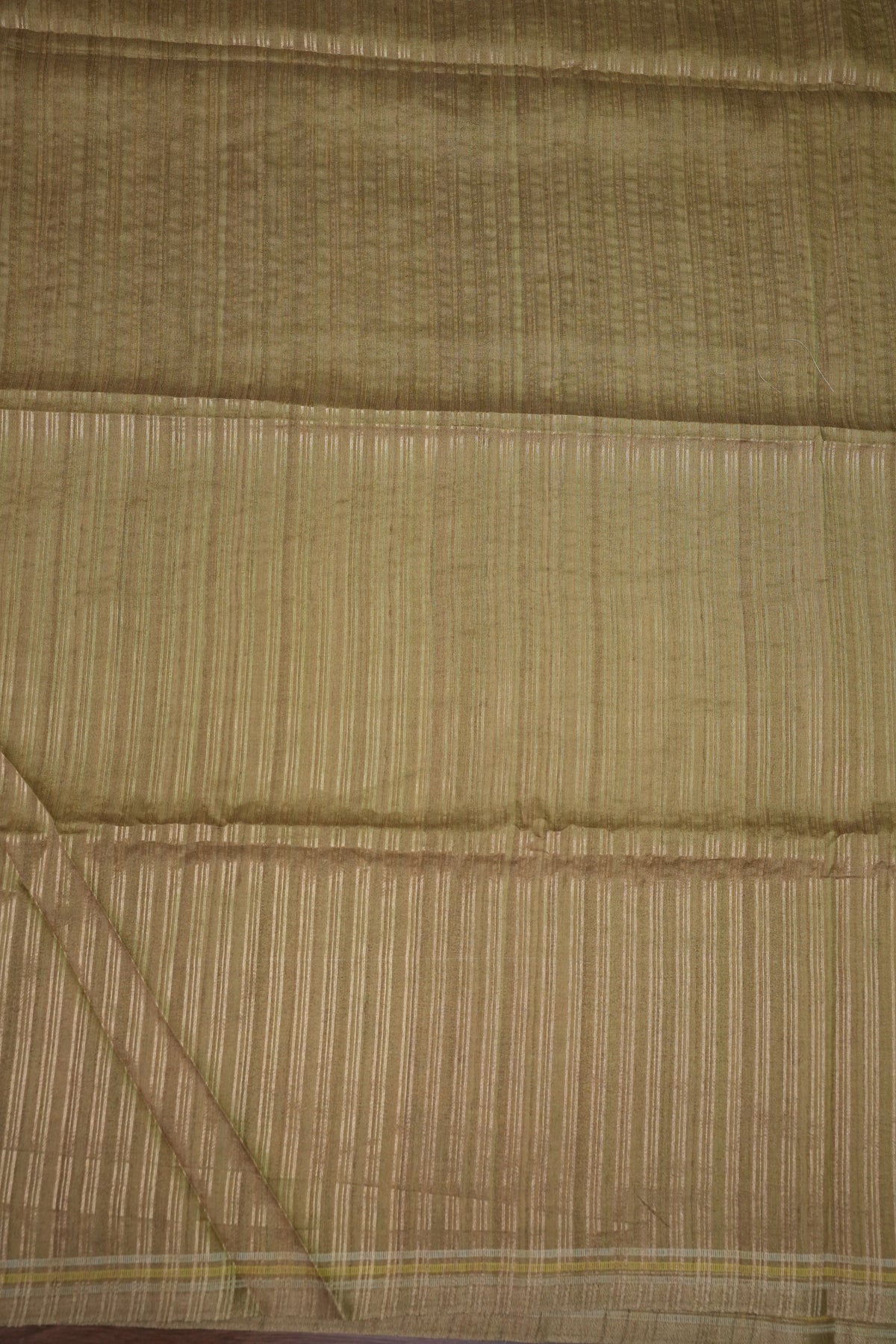 Semi Tussar Raw Saree with Bird & Floral Printed Pallu & Striped Blouse – Antique Gold