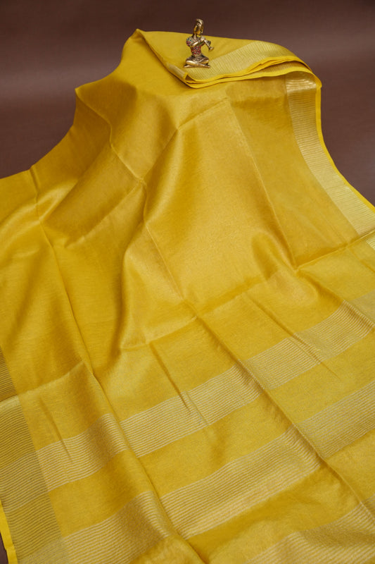 Tissue Linen Silk Saree – Sunshine Yellow with Subtle Gold Zari Border