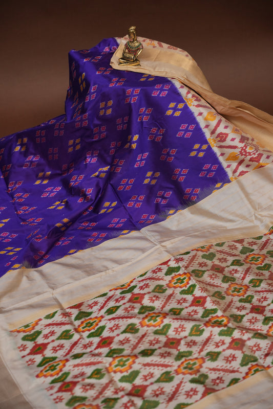 Pure Ikkat Soft Silk Saree - Purple & Ivory