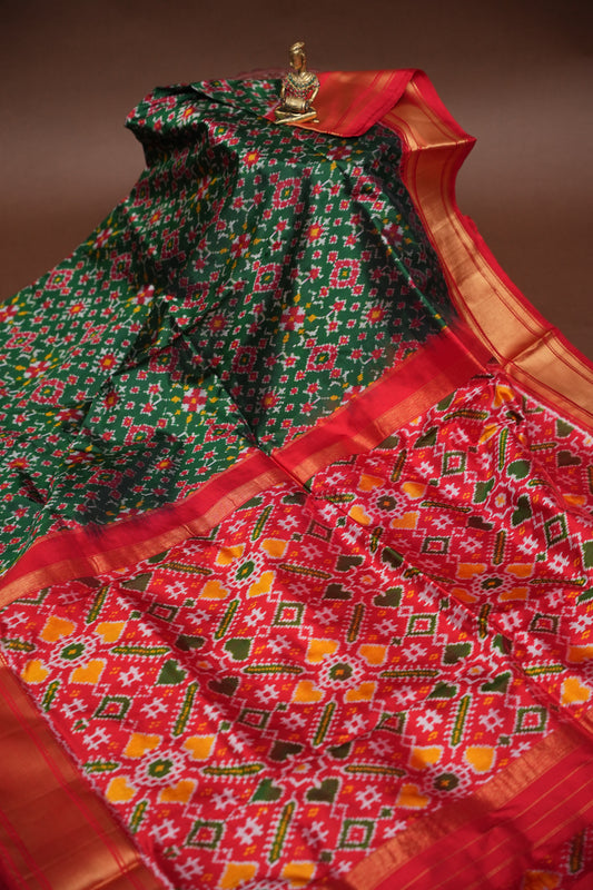 Pure Ikkat Soft Silk Saree - Emerald Green & Red