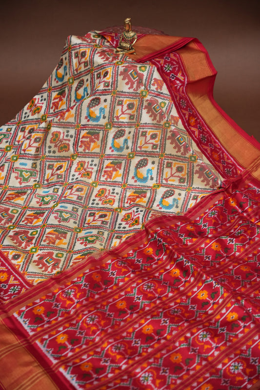 Pure Ikkat Soft Silk Saree - Ivory & Red