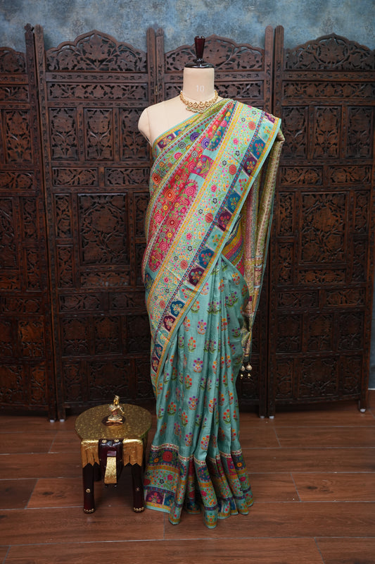 Kashmiri Pashmina Banarasi Story Telling Saree - Multicolor on Sea Green