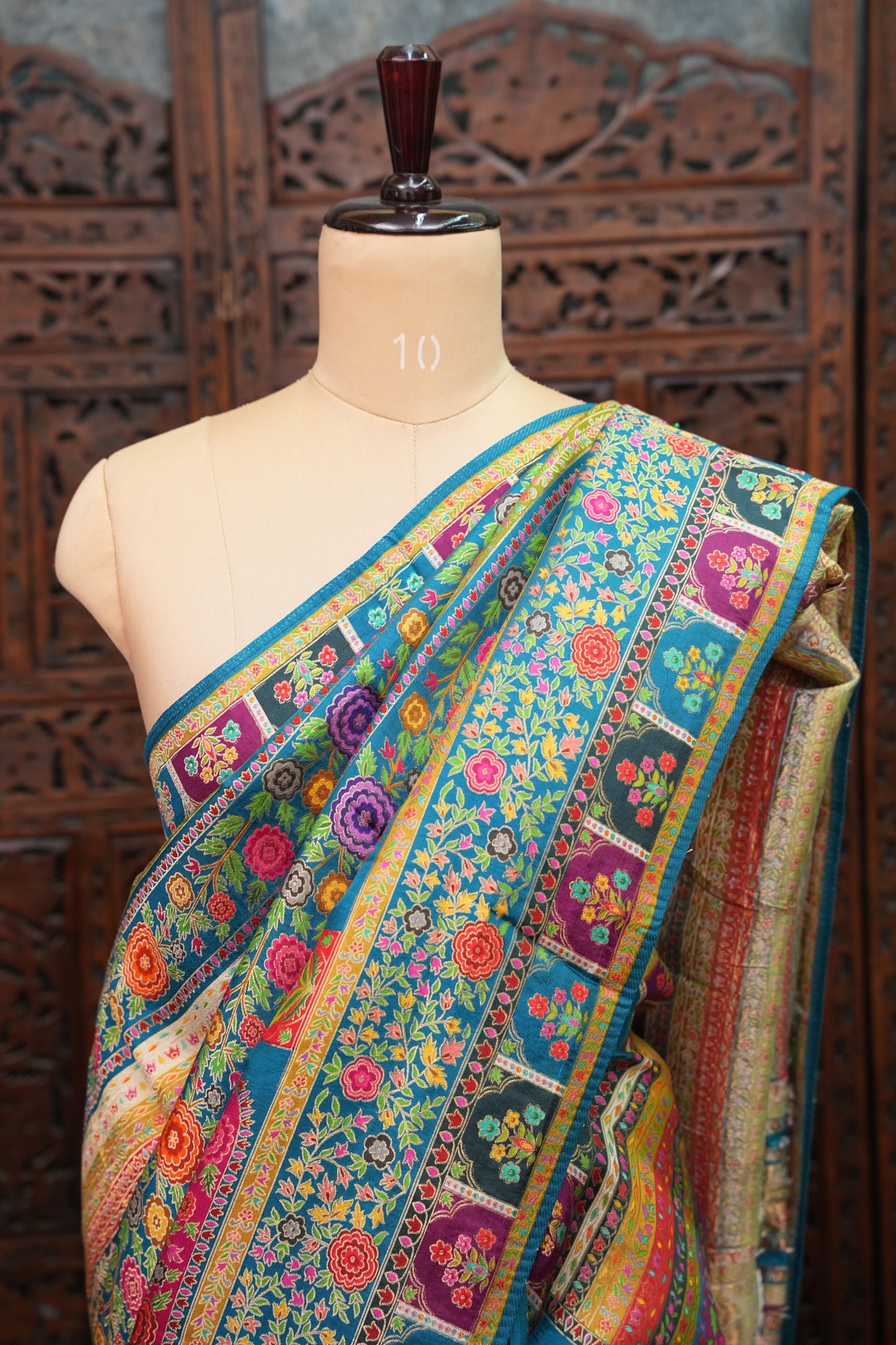 Kashmiri Pashmina Banarasi Story Telling Saree -Multicolor on Teal Blue