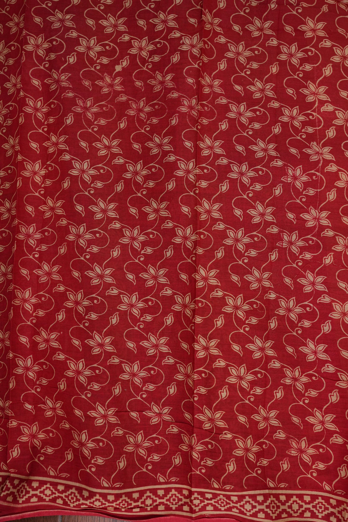 Traditional Kalamkari Style cotton Saree – Deep Red with Intricate Floral & Border Design
