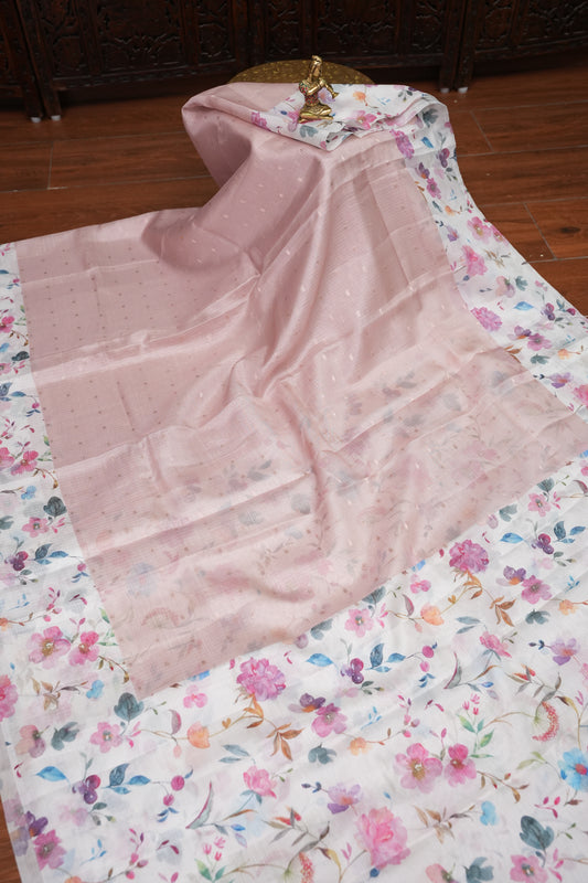 Kota Checks Saree with Floral Digital Print – Blush Pink