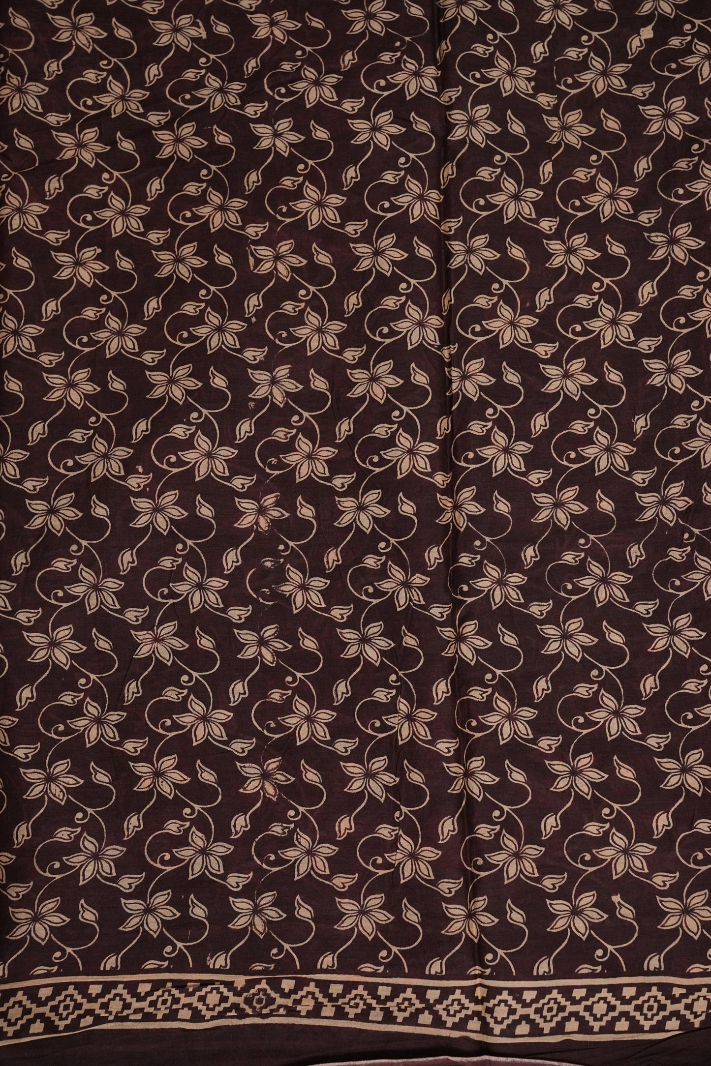 Kalamkari Inspired Cotton Saree – Deep Black with Earthy Floral Heritage Motifs