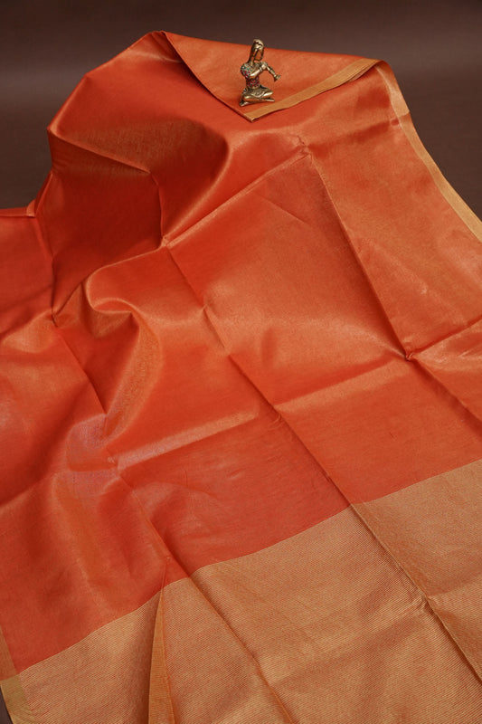 Tissue Linen Silk Saree – Rust Orange with Subtle Gold Zari Border