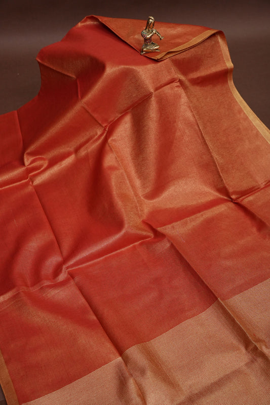 Tissue Linen Silk Saree – Rustic Brick Red with Classic Gold Border
