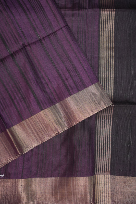 Soft Tussar Raw Silk Saree with Kalamkari Printed Blouse – Aubergine Purple