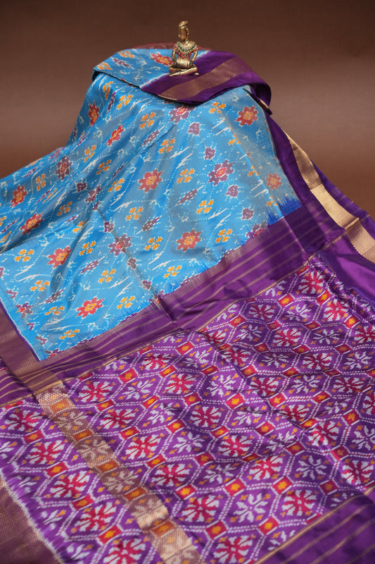 Pure Ikkat Soft Silk Saree - Blue & Deep Purple