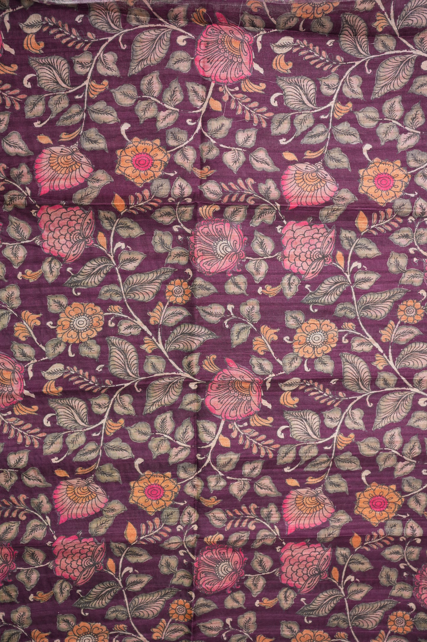Soft Tussar Raw Silk Saree with Kalamkari Printed Blouse – Deep Purple