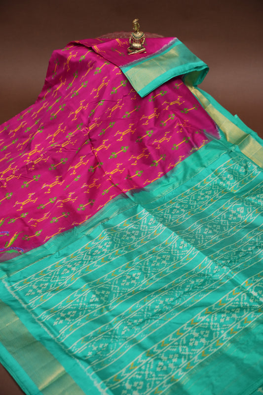 Pure Ikkat Soft Silk Saree - Magenta & Sea Green