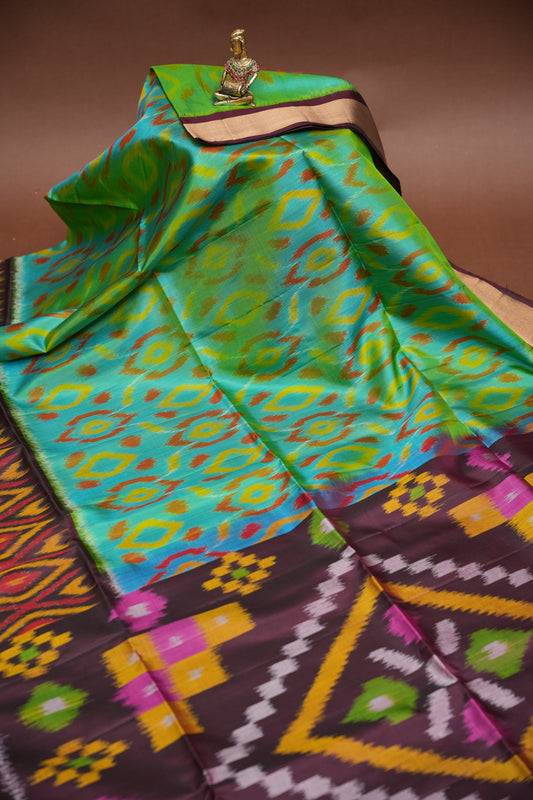 Pure Ikkat Soft Silk Saree - Coffee & Teal