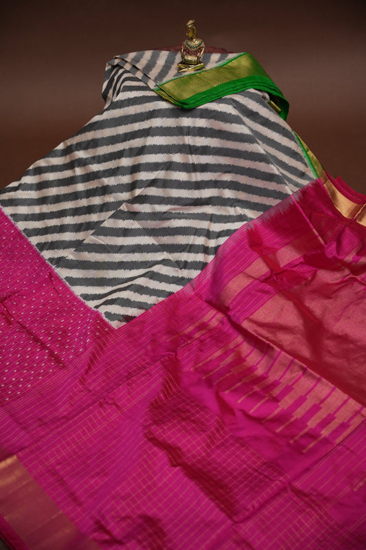 Pure Ikkat Soft Silk Saree - Pink & Ivory