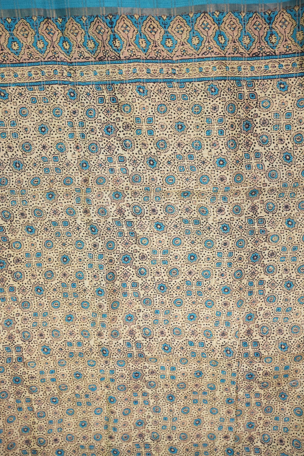 Tussar Raw Silk Saree with Checkered Body & Ajrakh Printed Pallu and Blouse – Beige & Turquoise Blue