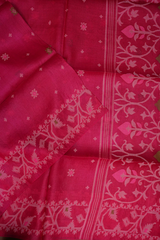 Pure Tussar Silk Saree with Jamdani Concept Weaving – Rani Pink | Silk Mark Certified