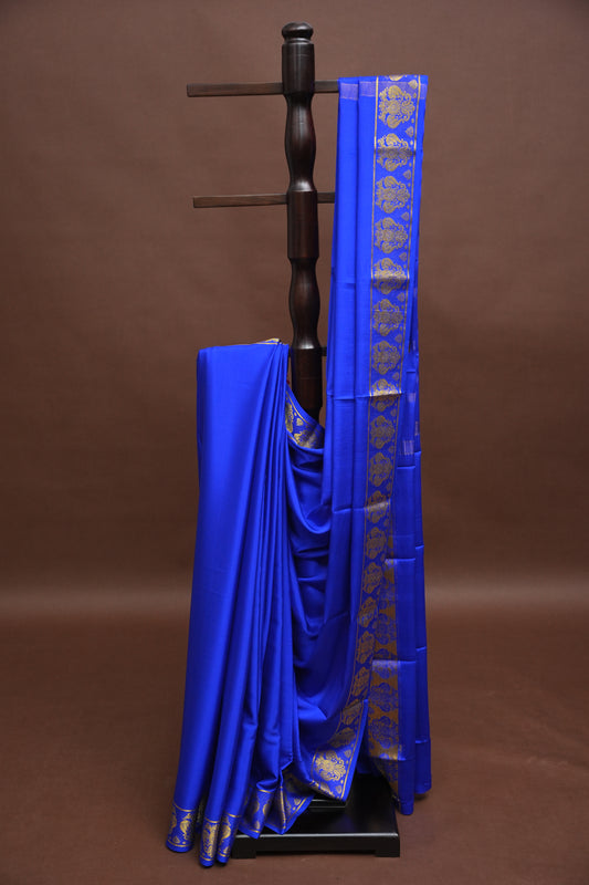 Pure Crepe Mysore Silk Saree - Ink Blue With Gandaberunda Motifs