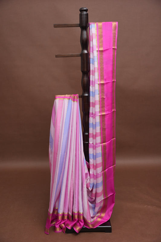 Pure Crepe Mysore Silk Saree - Pink & Powder Blue Pastel Stripes