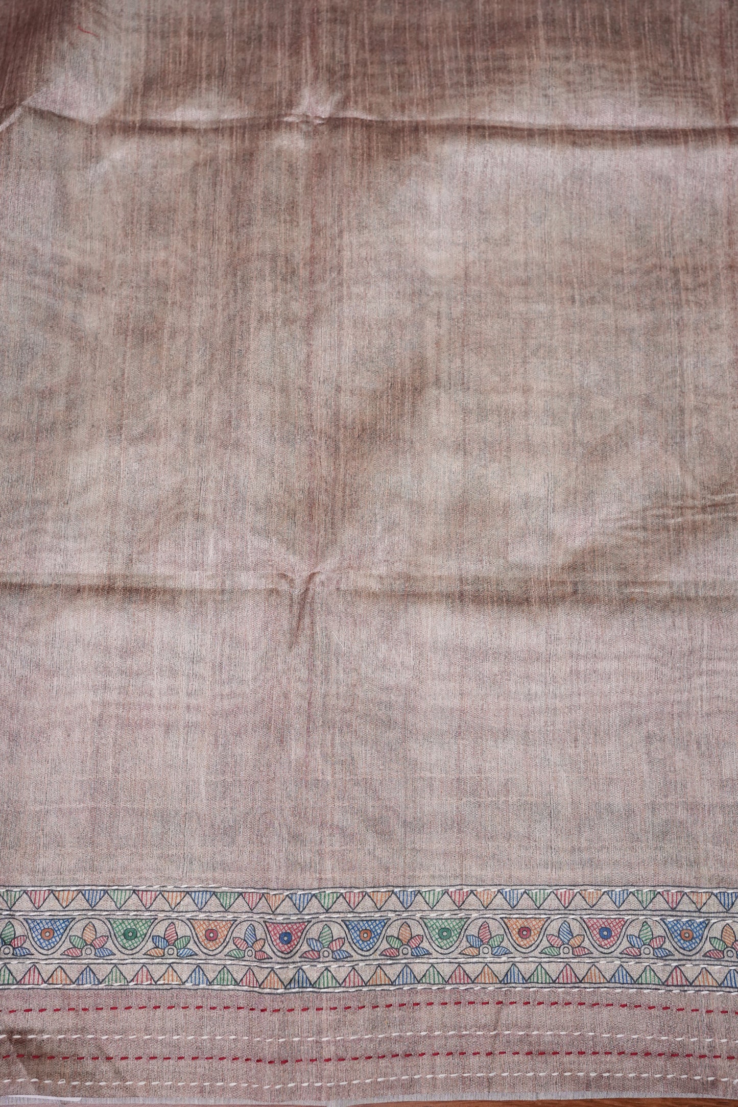 Semi Tussar Raw Silk Saree with Madhubani Print & Kantha Stitch – Antique Beige