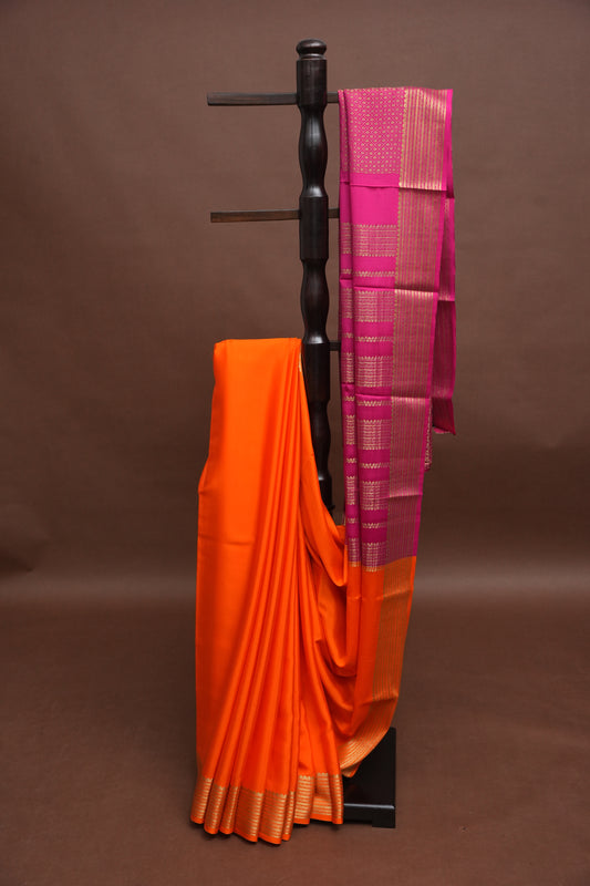 Plain Pure Crepe Mysore Silk Saree in Orange With Contrast Pink Pallu & Blouse