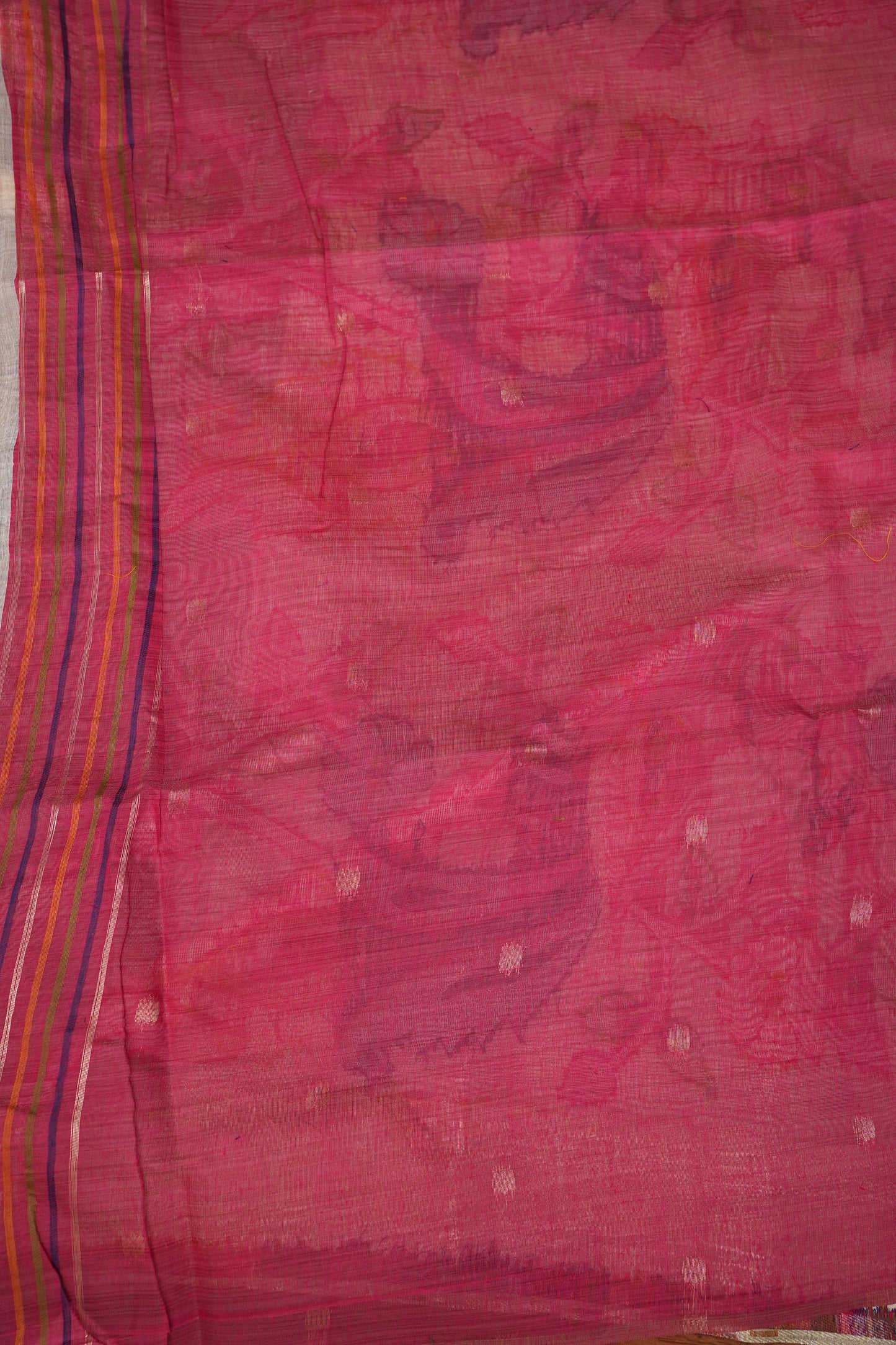 Pure Khaddi Cotton Saree with Peacock & Floral Design – Ivory & Pink