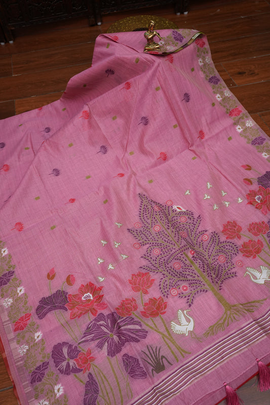 Pure Khaddi Cotton Saree with Floral & Peacock Design – Pink