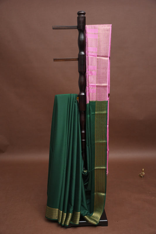 Plain Pure Crepe Mysore Silk Saree in Bottle Green With Contrast Baby Pink Border