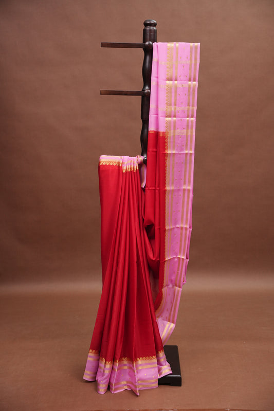 Plain Pure Crepe Mysore Silk Saree in Scarlet Red With Contrast Baby Pink Pallu & Blouse
