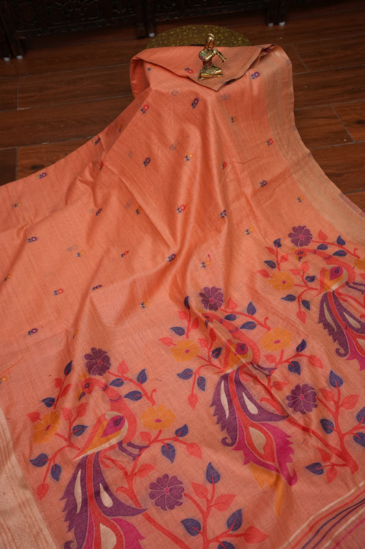 Pure Khaddi Cotton Saree with Peacock & Floral Woven Pallu – Peach