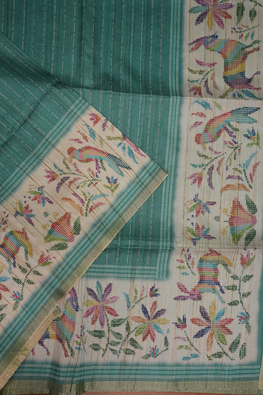 Semi Tussar Raw Silk Saree – Teal Green with Multicolour Woven Motifs