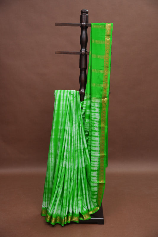 Shibori Tie & Dye Pure Crepe Mysore Silk Saree - Leaf Green